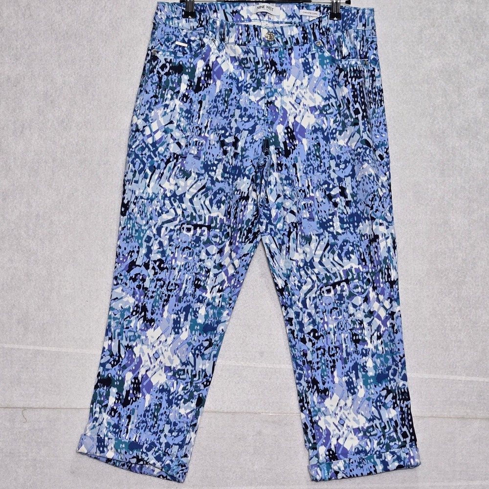 Nine West Chrystie Capri Jeans Womens 10 Blue Abstract Print Stretch